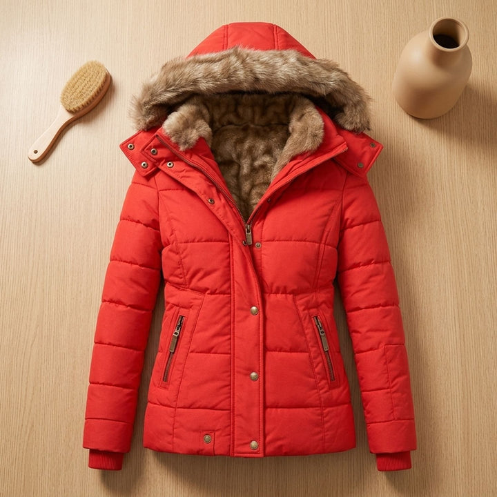 Dames Gevoerde Winterjas met Afneembare Bontkraag Hood - Rood