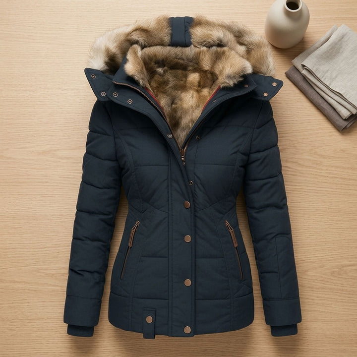 Dames Gevoerde Winterjas met Afneembare Bontkraag Hood - Marineblauw
