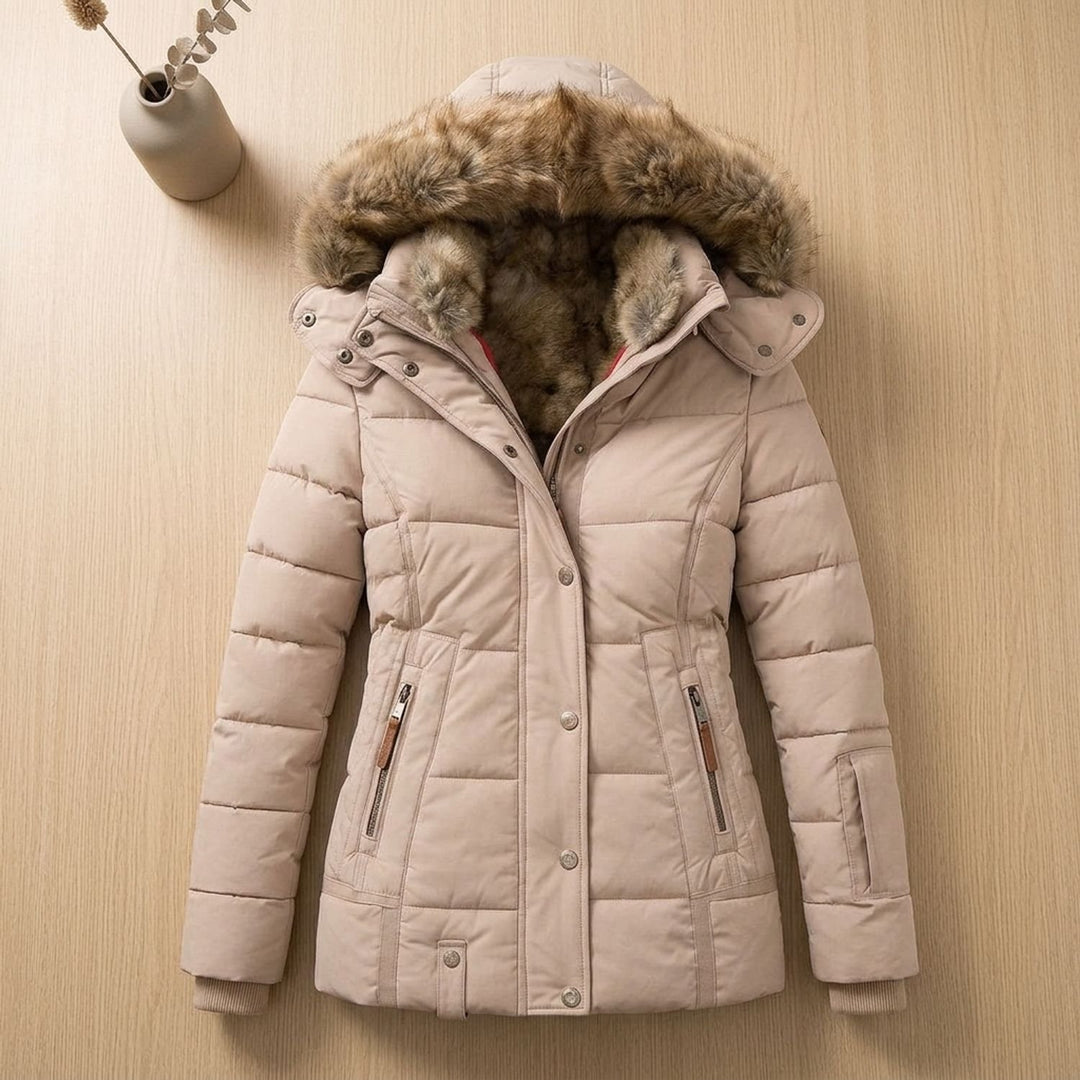 Dames Gevoerde Winterjas met Afneembare Bontkraag Hood - Beige