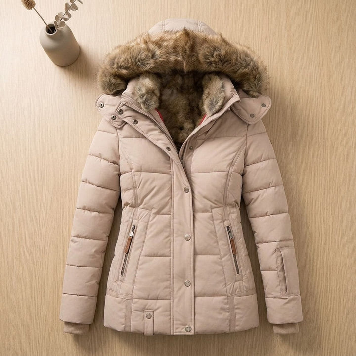 Dames Gevoerde Winterjas met Afneembare Bontkraag Hood - Beige