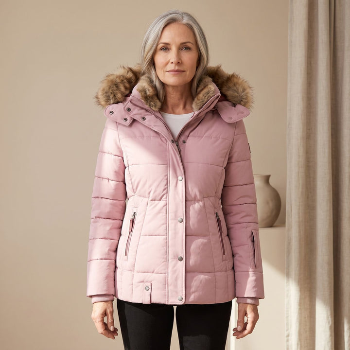 Dames Gevoerde Winterjas met Afneembare Bontkraag Hood - Roze