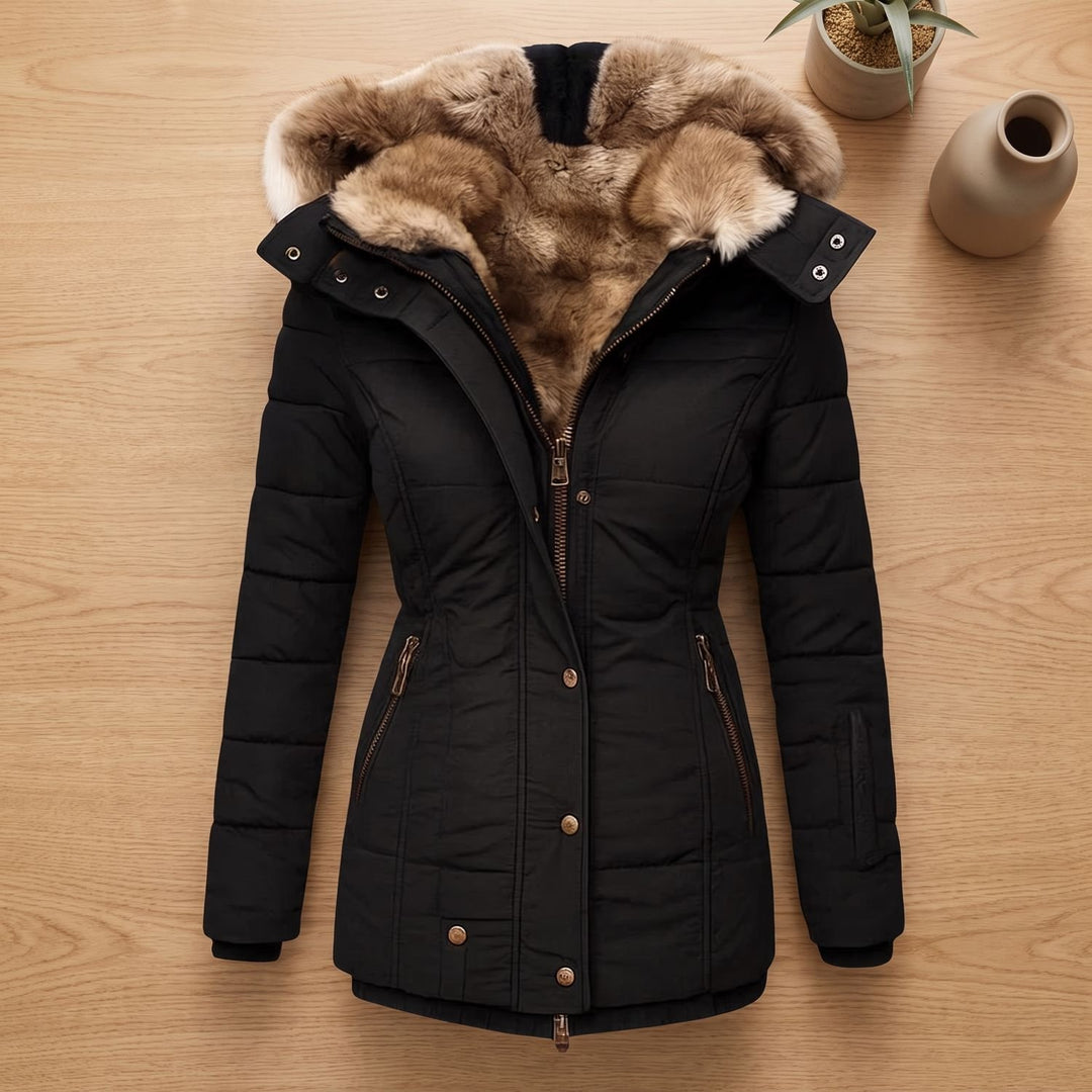 Dames Gevoerde Winterjas met Bontkraag Capuchon Slim Fit - Zwart