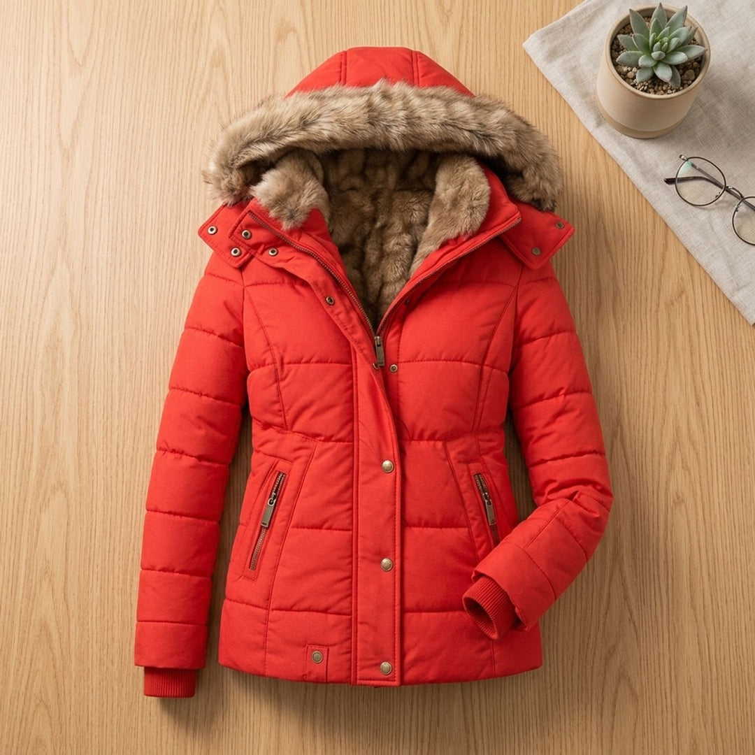 Dames Gevoerde Winterjas met Bontkraag Capuchon Slim Fit - Rood