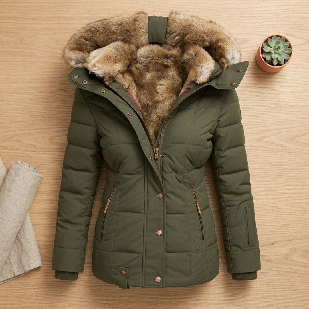Dames Gevoerde Winterjas met Bontkraag Capuchon Slim Fit - Groen
