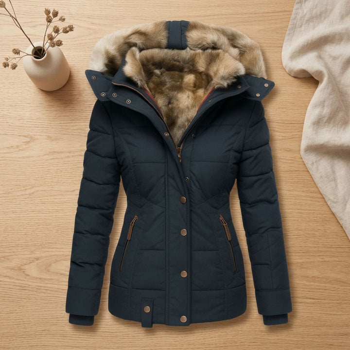 Dames Gevoerde Winterjas met Bontkraag Capuchon Slim Fit - Blauw