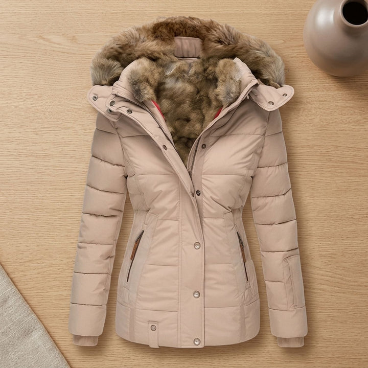 Dames Gevoerde Winterjas met Bontkraag Capuchon Slim Fit - Beige