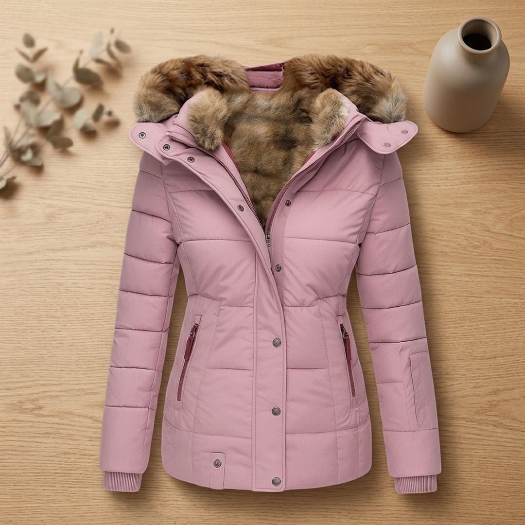 Dames Gevoerde Winterjas met Bontkraag Capuchon Slim Fit - Roze