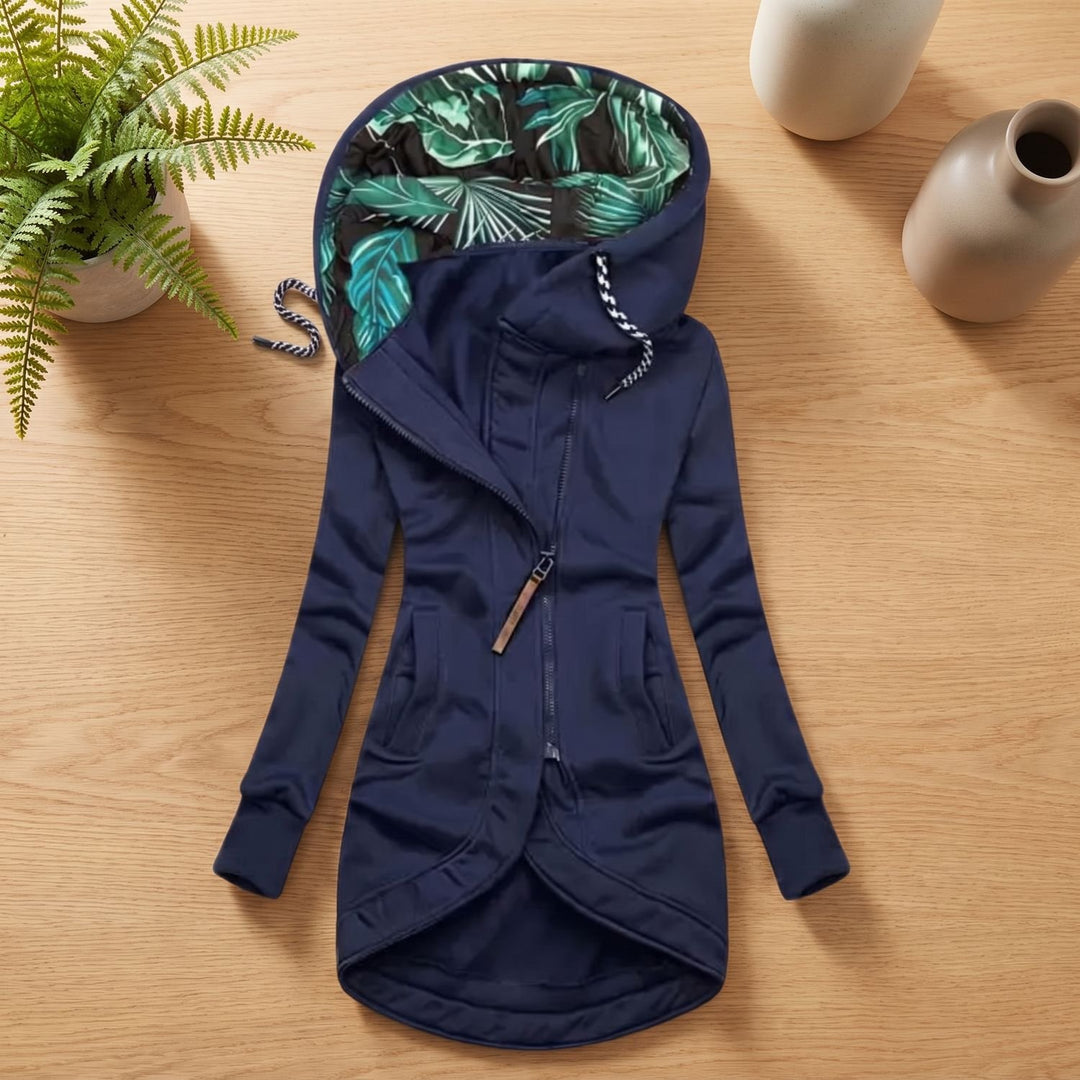 Dames Gevoerde Winterjas met Capuchon Rits Tropische Binnenvoering - Marineblauw