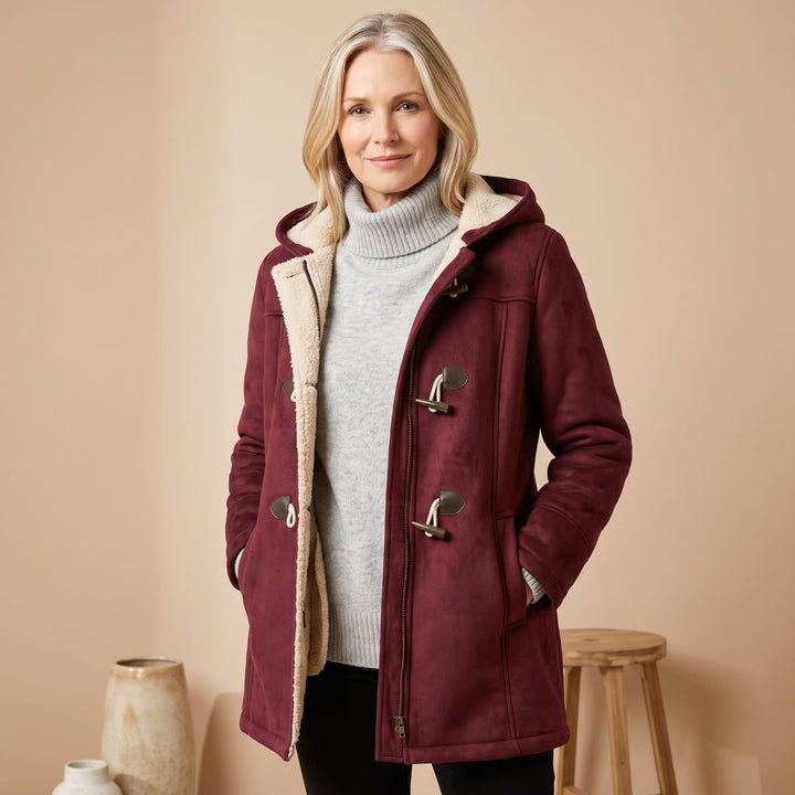 Dames Gevoerde Winterjas met Teddyvacht Capuchon Hoornsluiting - Rood