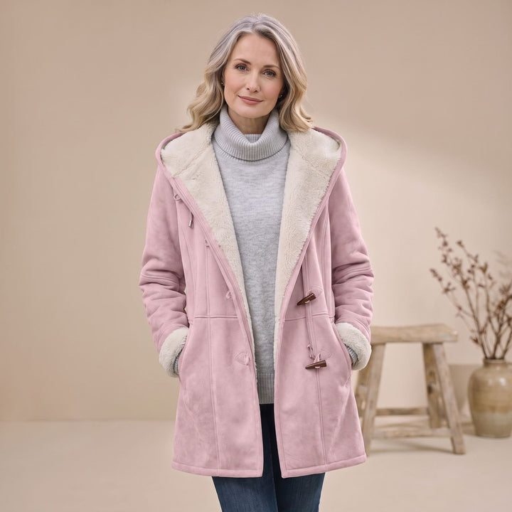 Dames Gevoerde Winterjas met Teddyvacht Capuchon Hoornsluiting - Roze