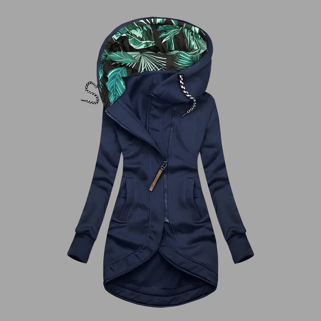 Dames Gevoerde Winterjas met Tropische Capuchonvoering en Rits - Marineblauw