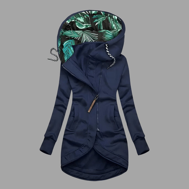 Dames Gevoerde Winterjas met Tropische Capuchonvoering en Rits - Marineblauw