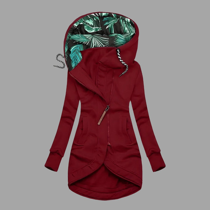 Dames Gevoerde Winterjas met Tropische Capuchonvoering en Rits - Rood