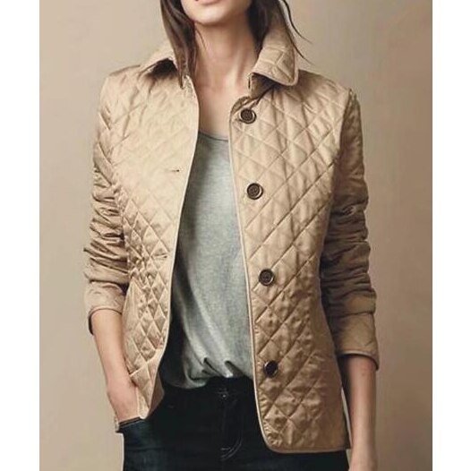 Dames Gewatteerde Blazer-Stijl Doorknoop Jas Ruitpatroon - Khaki