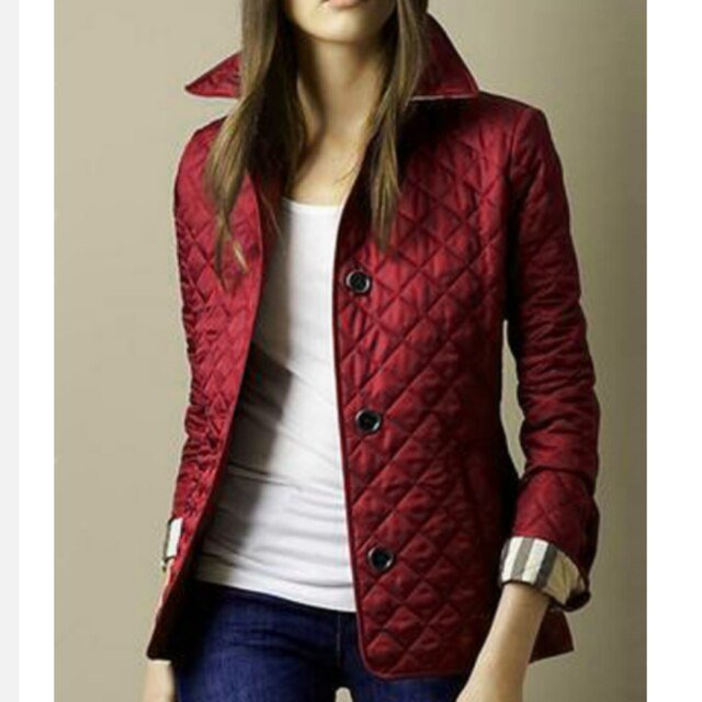 Dames Gewatteerde Blazer-Stijl Doorknoop Jas Ruitpatroon - Burgundy