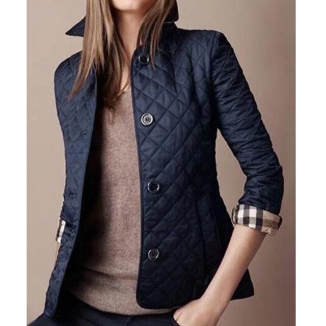 Dames Gewatteerde Blazer-Stijl Doorknoop Jas Ruitpatroon - Navy Blue