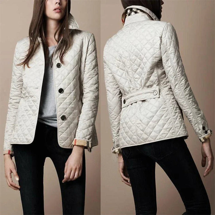 Dames Gewatteerde Blazer-Stijl Doorknoop Jas Ruitpatroon - White