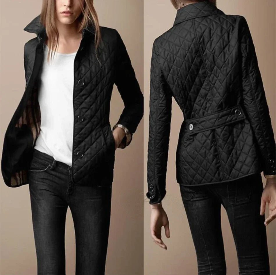 Dames Gewatteerde Blazer-Stijl Doorknoop Jas Ruitpatroon - Black