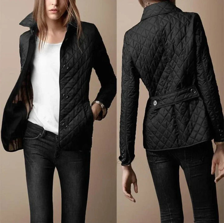 Dames Gewatteerde Blazer-Stijl Doorknoop Jas Ruitpatroon - Black