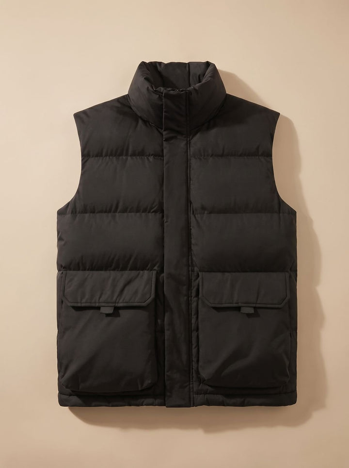 Dames Gewatteerde Bodywarmer Staande Kraag Kleppzakken - Zwart