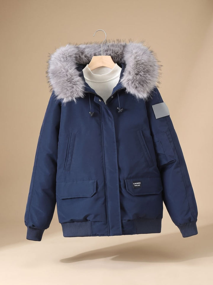 Dames Gewatteerde Bomberjacket met Afneembare Imitatiebont Capuchon - Donkerblauw