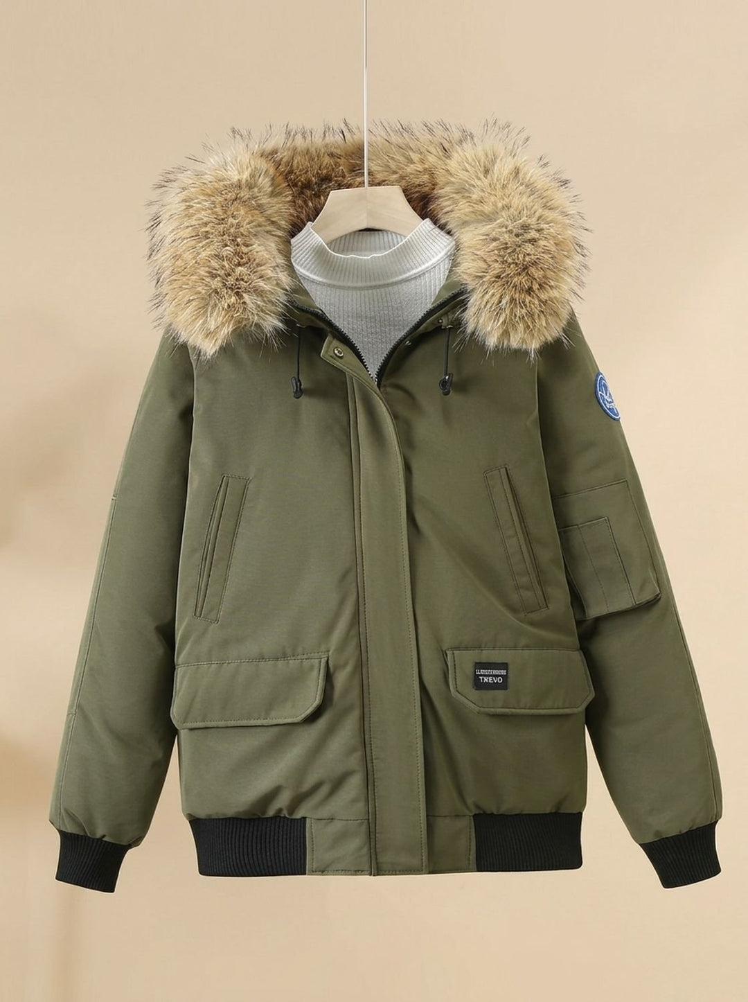 Dames Gewatteerde Bomberjacket met Afneembare Imitatiebont Capuchon - Groen