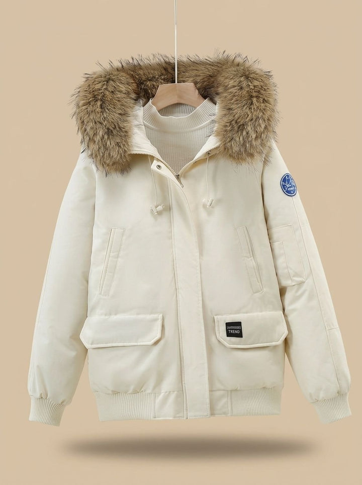 Dames Gewatteerde Bomberjacket met Afneembare Imitatiebont Capuchon - Gebroken Wit