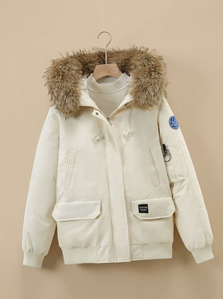 Dames Gewatteerde Bomberjacket met Afneembare Imitatiebont Capuchon