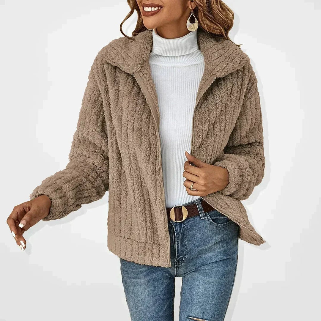 Dames Gewatteerde Jas Pluche Fleece Ritsjas - Khaki
