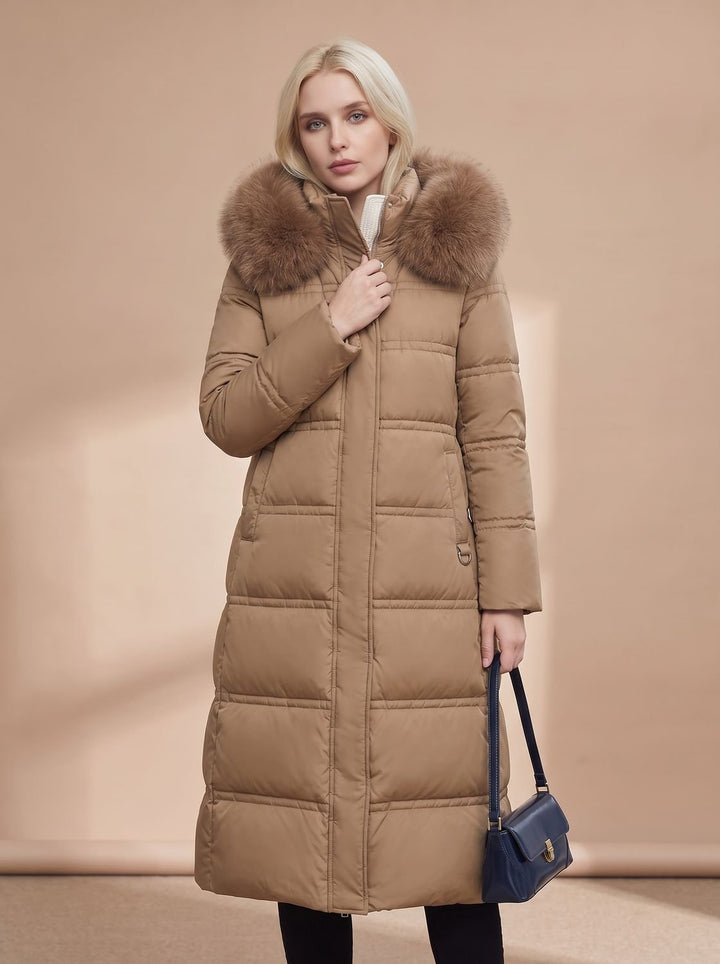 Dames Gewatteerde Longline Winterjas met Imitatiebont Kraag - Bruin