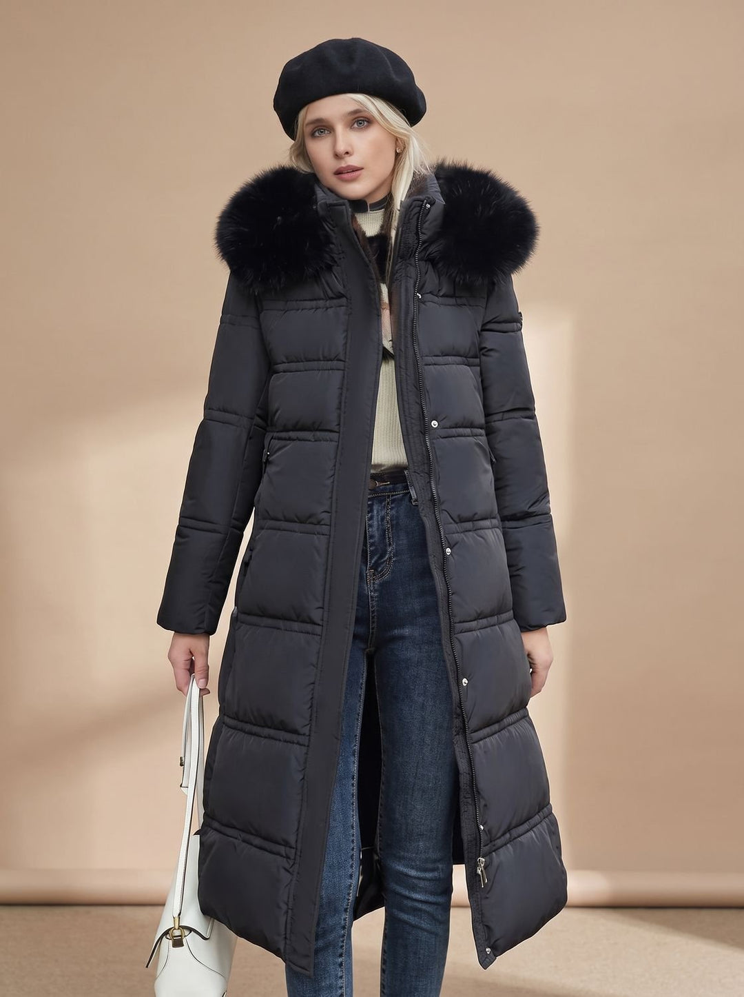 Dames Gewatteerde Longline Winterjas met Imitatiebont Kraag - Zwart