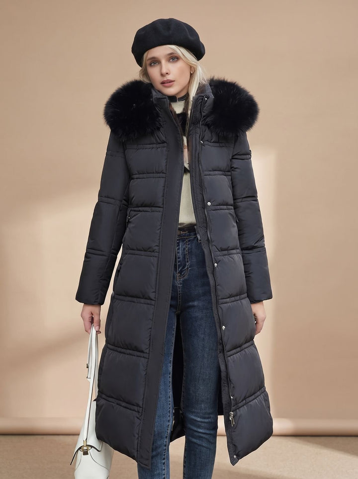 Dames Gewatteerde Longline Winterjas met Imitatiebont Kraag - Zwart