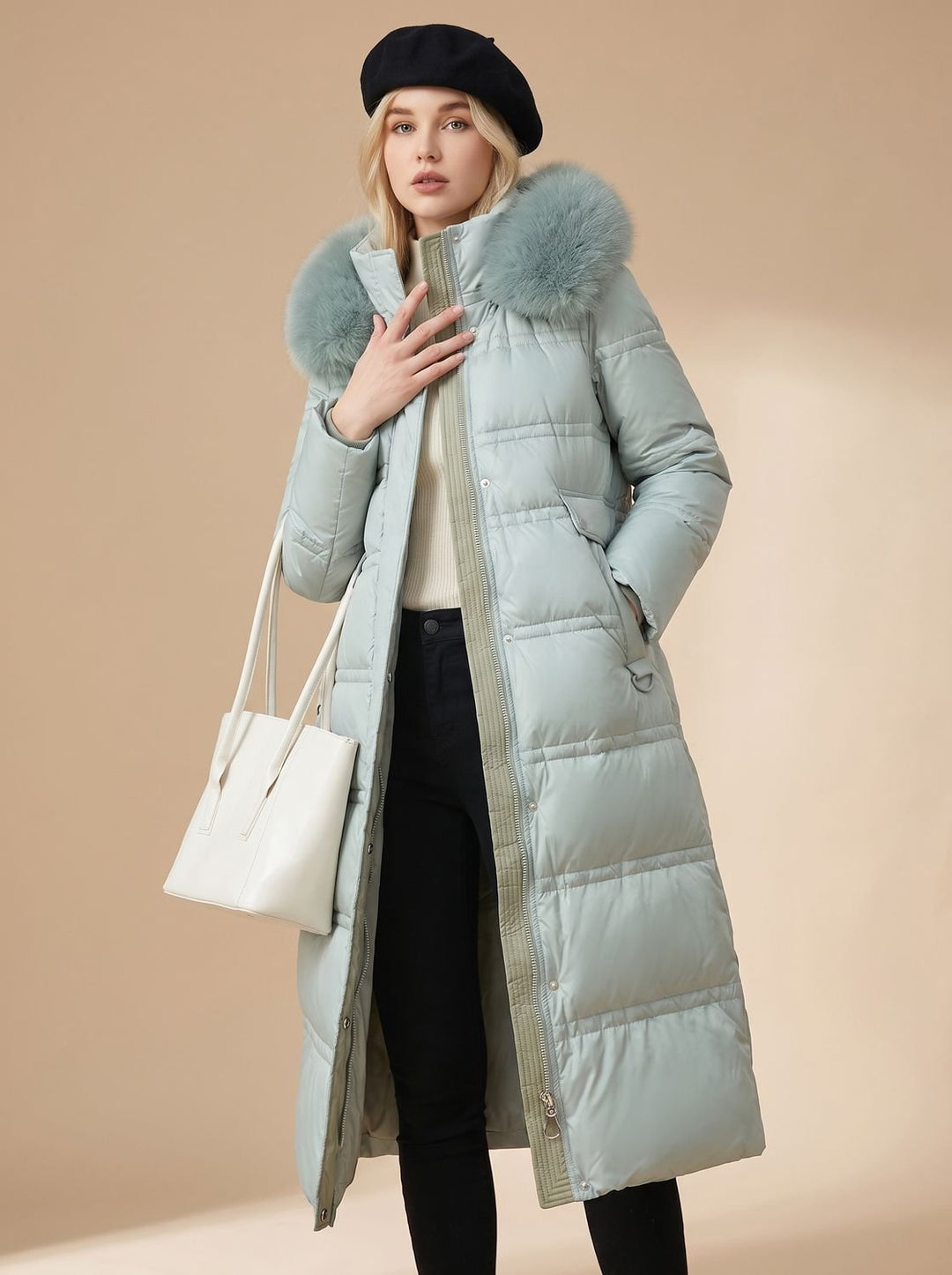 Dames Gewatteerde Longline Winterjas met Imitatiebont Kraag - Lichtblauw