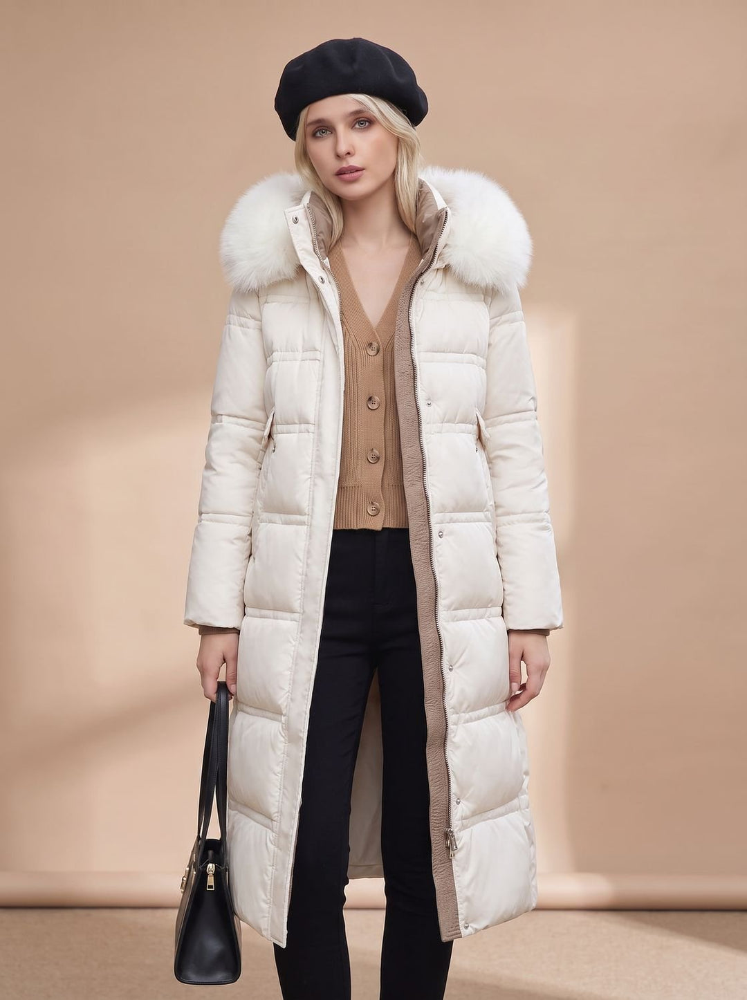 Dames Gewatteerde Longline Winterjas met Imitatiebont Kraag - Wit