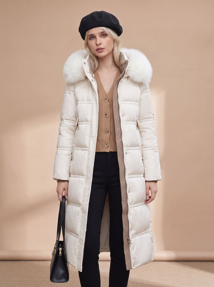 Dames Gewatteerde Longline Winterjas met Imitatiebont Kraag - Wit