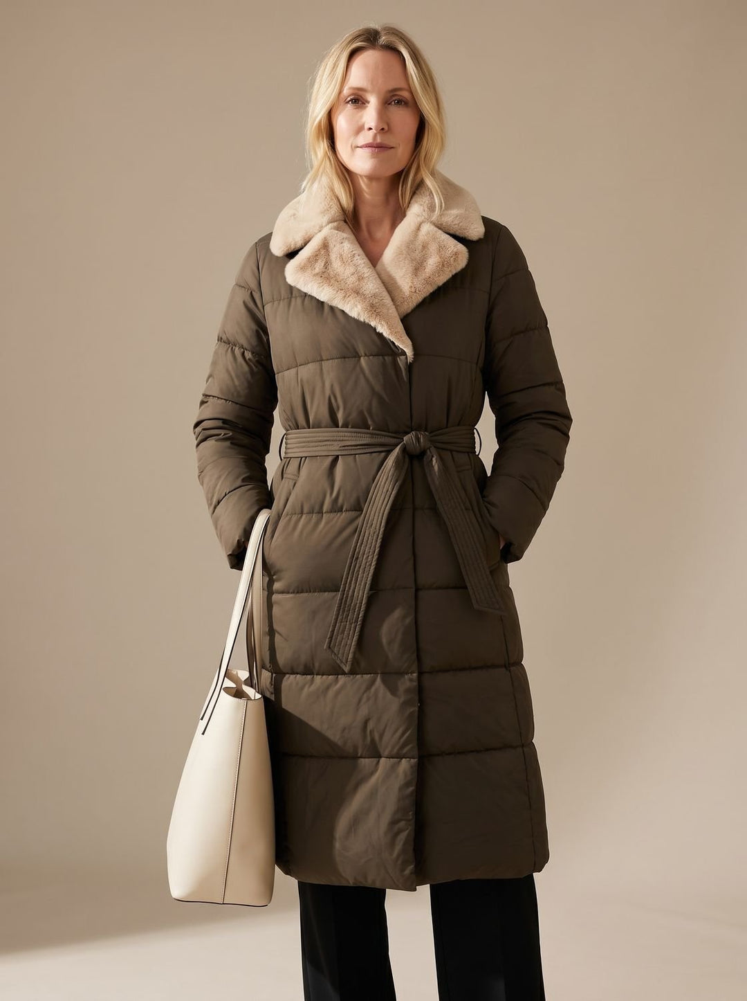 Dames Gewatteerde Longline Winterjas met Imitatiebont Kraag - Bruin met beige kraag