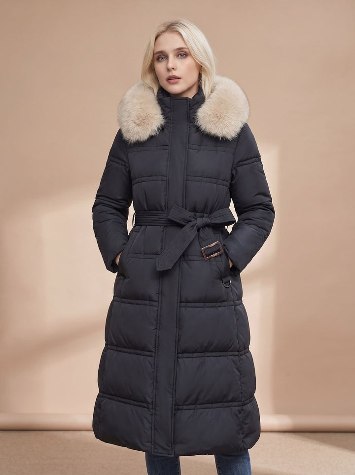 Dames Gewatteerde Longline Winterjas met Imitatiebont Kraag - Zwart met beige kraag