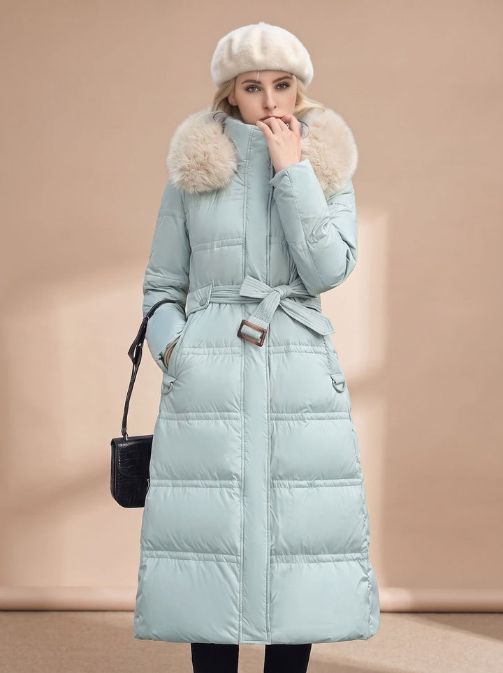 Dames Gewatteerde Longline Winterjas met Imitatiebont Kraag - Lichtblauw met beige kraag