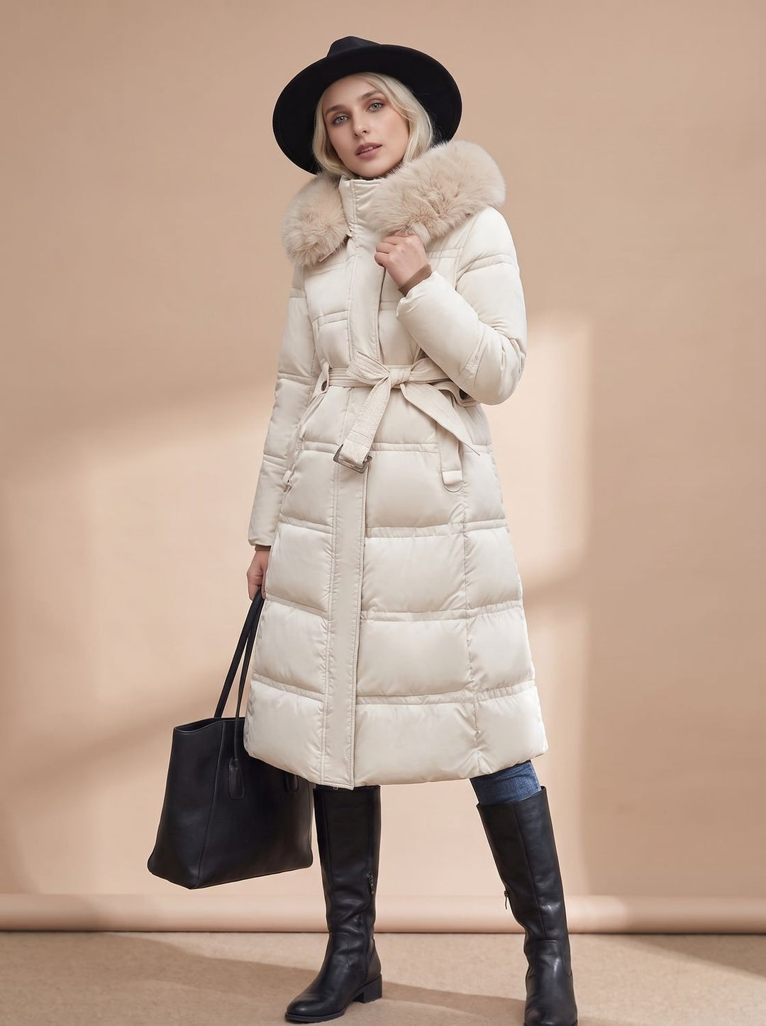Dames Gewatteerde Longline Winterjas met Imitatiebont Kraag - Wit met beige kraag