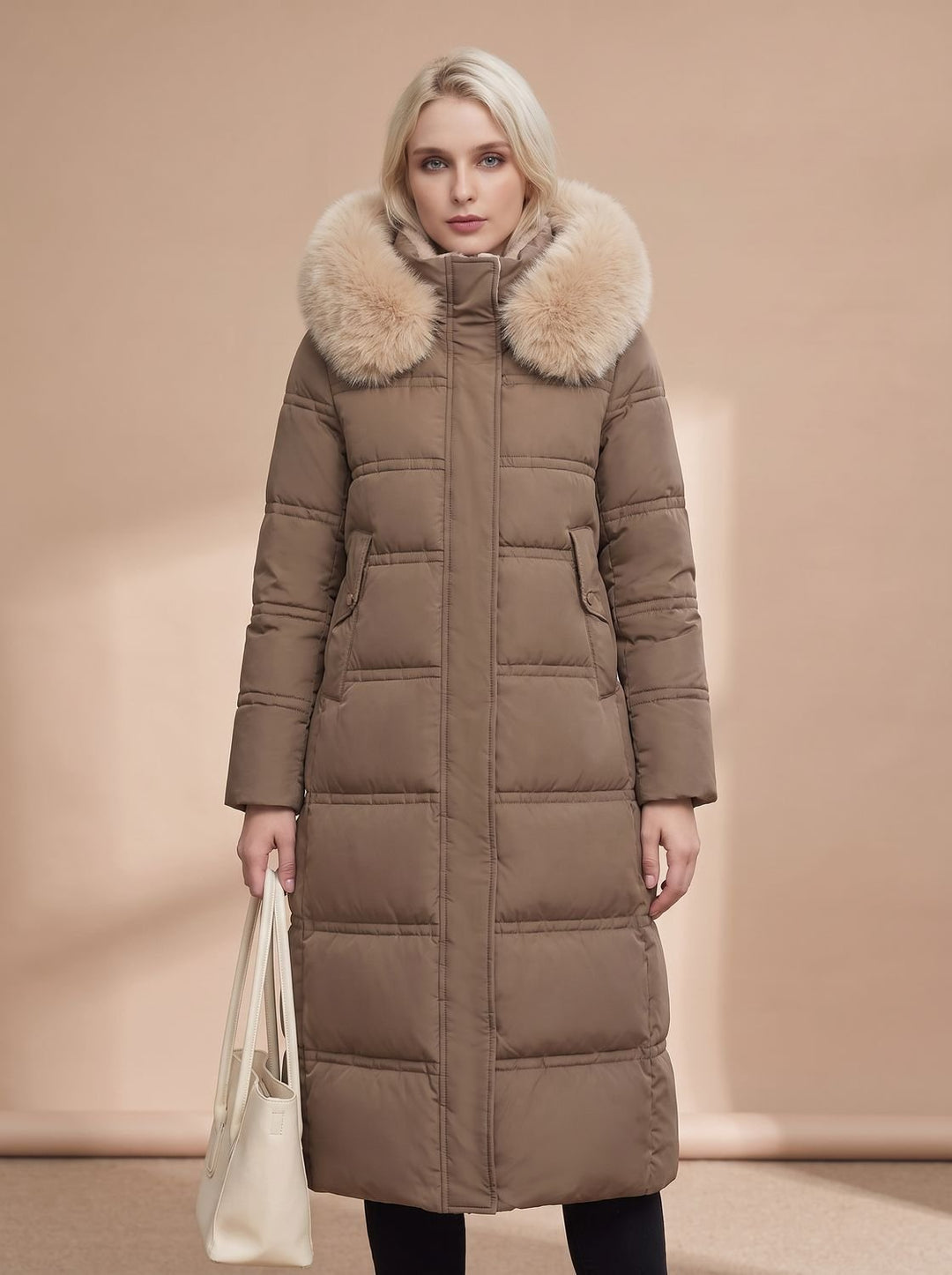 Dames Gewatteerde Longline Winterjas met Imitatiebont Kraag