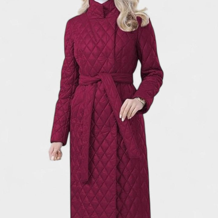 Dames Gewatteerde Maxi-jas met Ceintuur en Staande Kraag - Rood