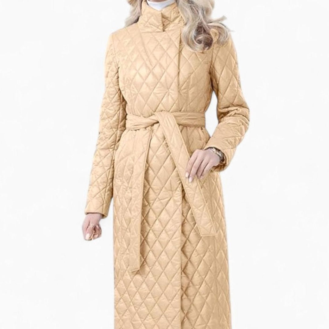 Dames Gewatteerde Maxi-jas met Ceintuur en Staande Kraag - Beige