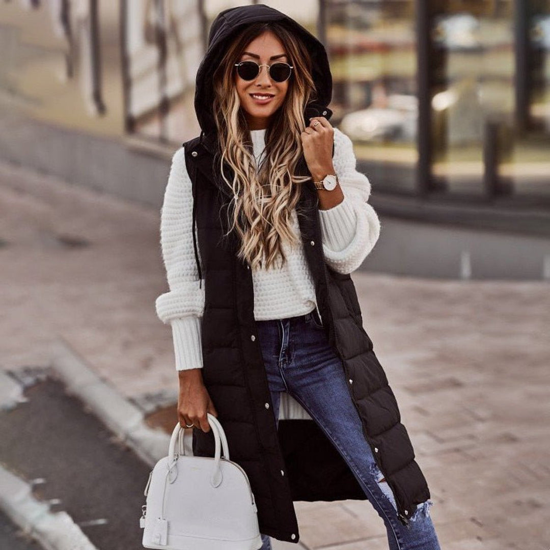 Dames Gewatteerde Mouwloze Puffer Vest Knieland met Capuchon