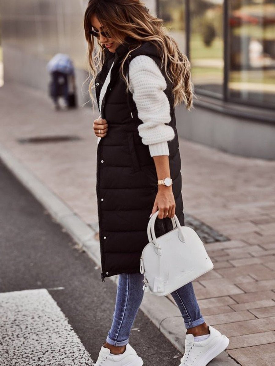 Dames Gewatteerde Mouwloze Puffer Vest Knieland met Capuchon