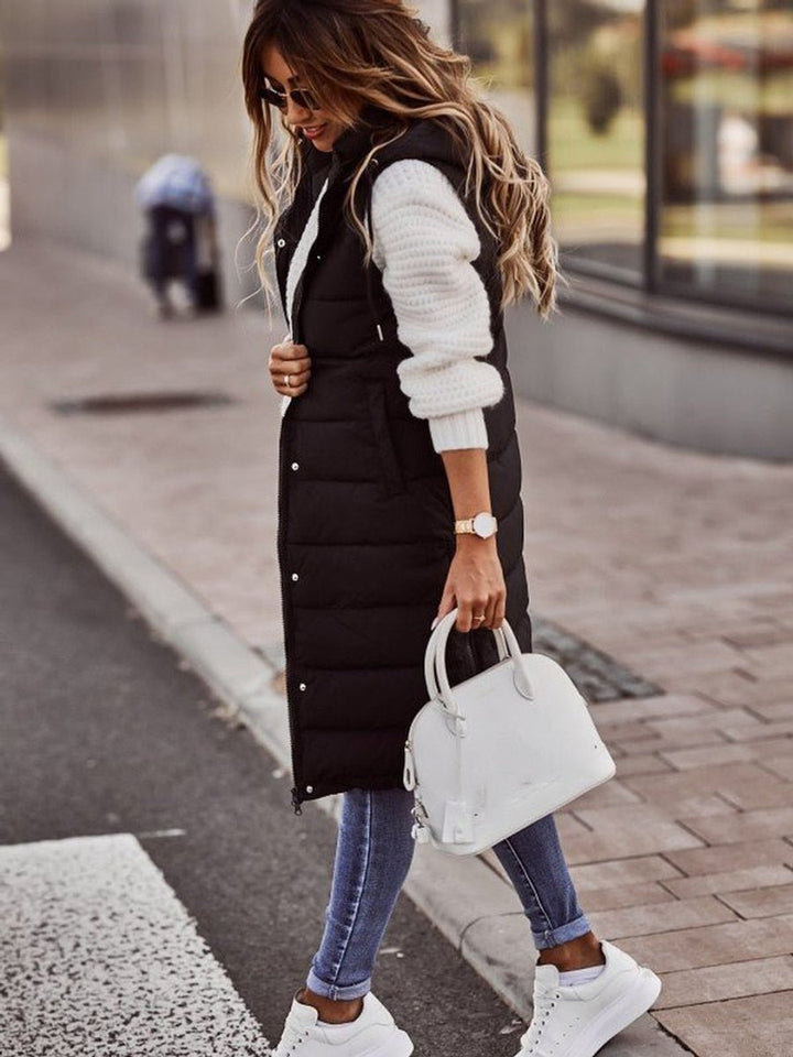 Dames Gewatteerde Mouwloze Puffer Vest Knieland met Capuchon