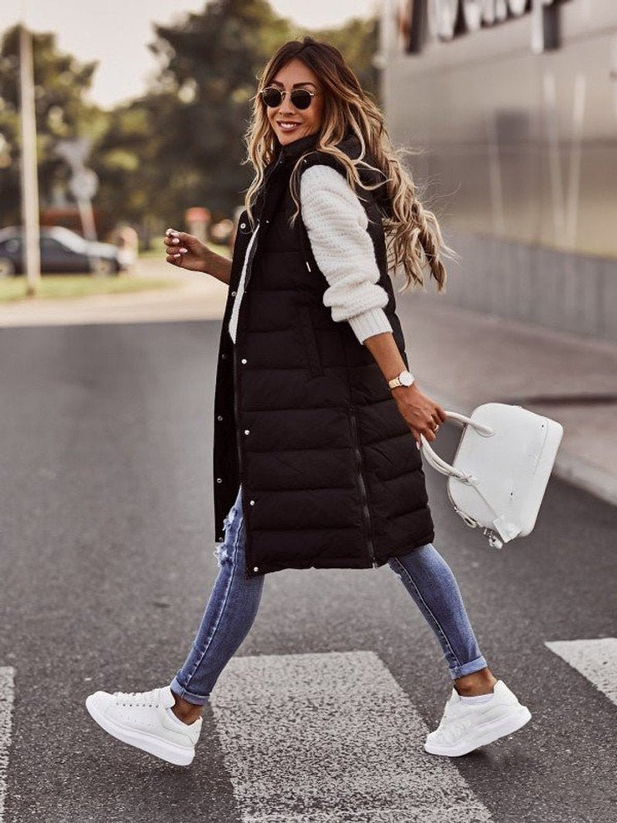 Dames Gewatteerde Mouwloze Puffer Vest Knieland met Capuchon