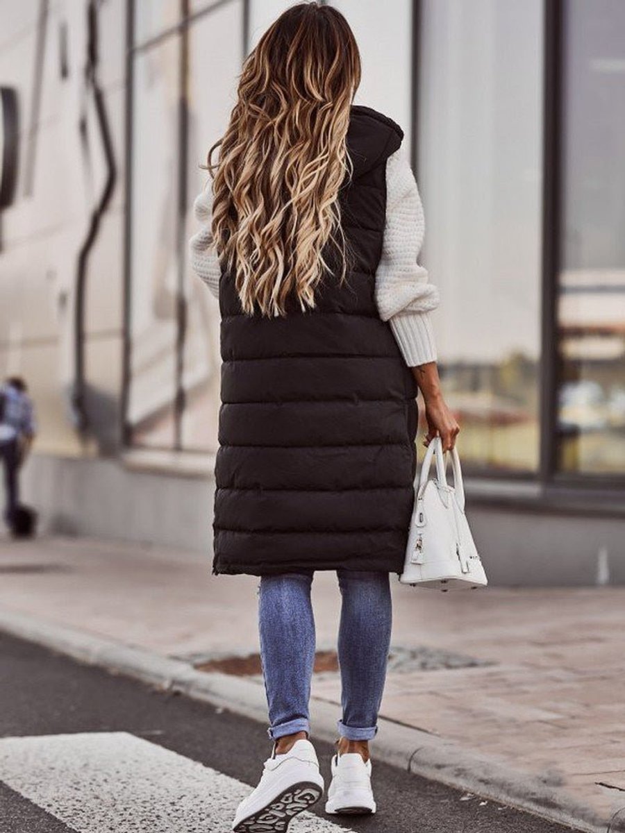 Dames Gewatteerde Mouwloze Puffer Vest Knieland met Capuchon