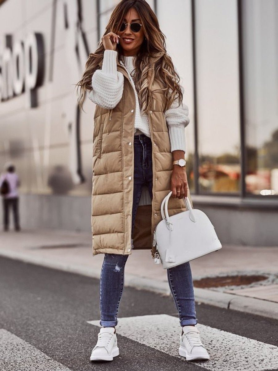 Dames Gewatteerde Mouwloze Puffer Vest Knieland met Capuchon - Beige