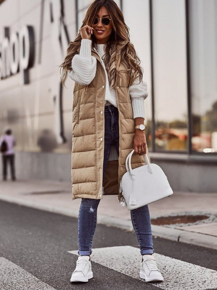 Dames Gewatteerde Mouwloze Puffer Vest Knieland met Capuchon - Beige