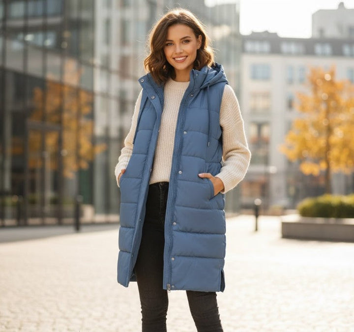Dames Gewatteerde Mouwloze Puffer Vest Knieland met Capuchon - Blauw
